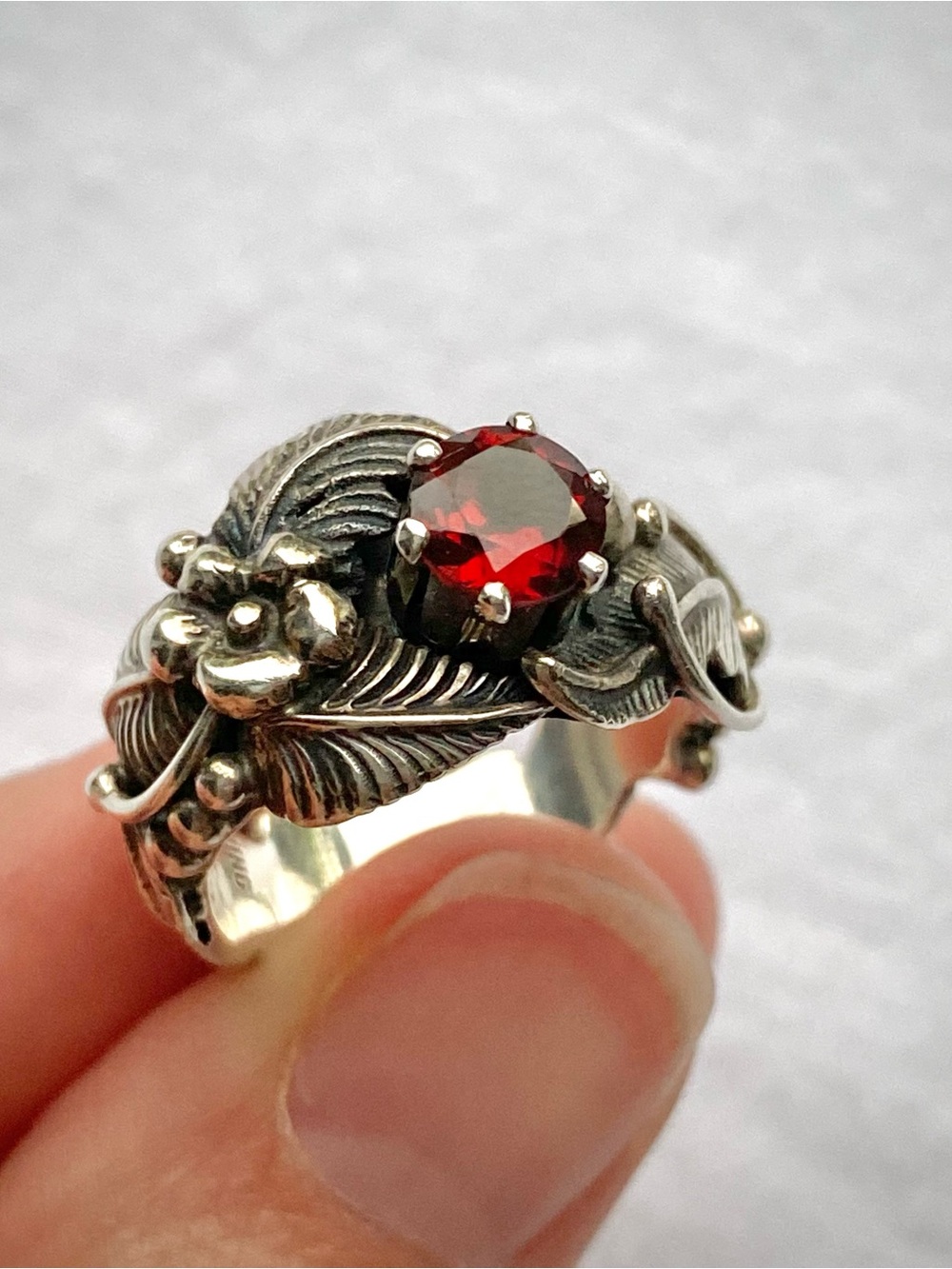 Vintage Les Baker Squash Blossom Silver Ring With Hessonite Garnet - Size 6